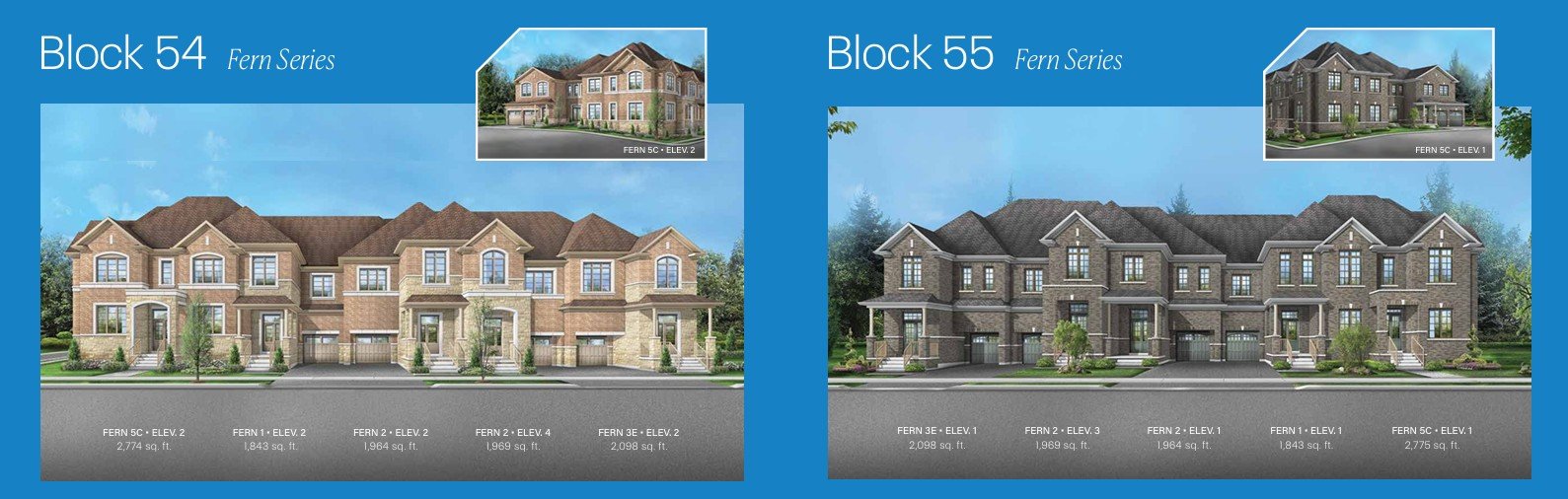 Fern Series single townhomes exterior with adjacent floor plan layout view