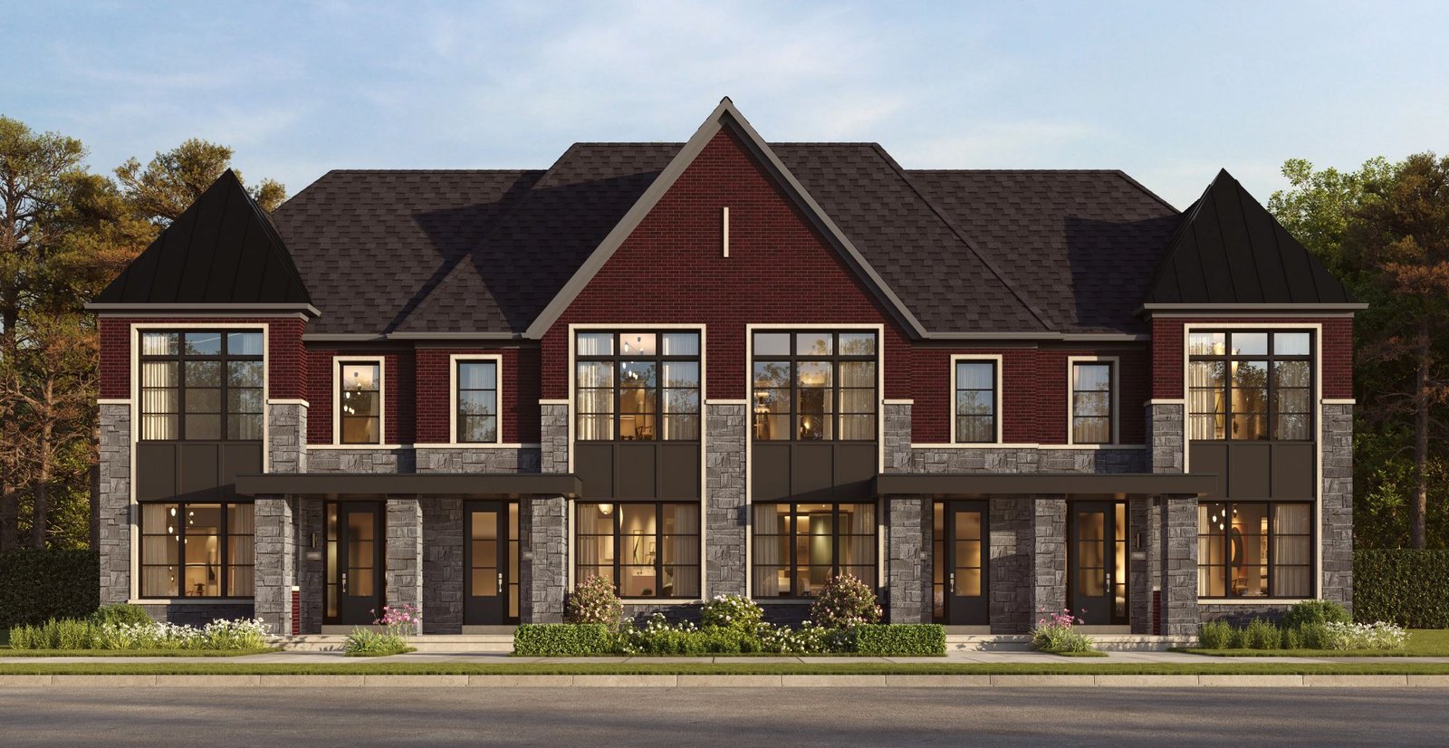 Unionglen by Madison townhomes full exterior view showcasing modern residential community